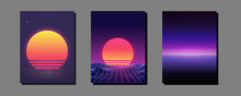 Neon Light Grid Landscapes. Retrowave, Synthwave, Rave, Vapor Wave Party Background. Retro, Vintage 80s, 90s Style. Black, Purple, Pink, Blue Colors. Print, Wallpaper, Web Template. Futurism Vector. 