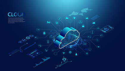 Poster - Abstract cloud technology with big data and interface concept Connection by collecting data in the cloud With large data storage systems on hi tech background.