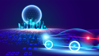 Fototapete - Abstract Metaverse Virtual reality Concept Buildings, digital car of Future technology metaverse connected to the virtual space on a modern background.