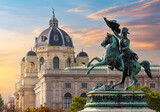 Fototapeta Londyn - Statue of Archduke Charles on Heldenplatz square and Museum of Natural History dome, Vienna, Austria
