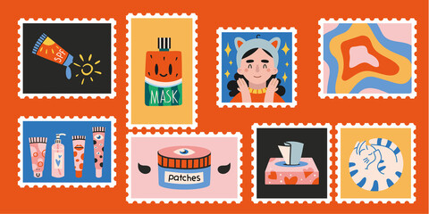 Wall Mural - Set of cute hand-drawn post stamps, funny characters and cosmetic products.