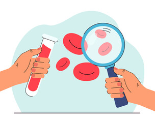 Poster - Hands holding magnifying glass and tube with blood sample. Doctor examining red blood cells of patient flat vector illustration. Medicine, health concept for banner, website design or landing web page