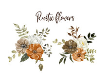 Watercolor Floral Arrangement With Rust, Burnt Orange, Grey And White Flowers On White Background. Beautiful Botanical Illustration. Fall-themed Design.