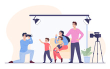 Parents And Kids Having Photo Session In Studio. Photographer Taking Photo Of Happy Mother, Father, Son And Daughter. People Waving At Camera Flat Vector Illustration. Family Photo Session Concept