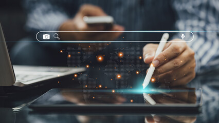 Wall Mural - person working with digital tablet for manage search engine optimization : seo with social media con