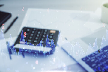 Poster - Multi exposure of stats data illustration on calculator and laptop background, computing and analytics concept