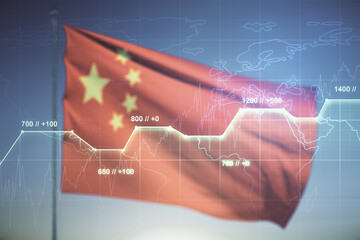 Aufkleber - Multi exposure of stats data illustration on flag of China and sunset sky background, computing and analytics concept