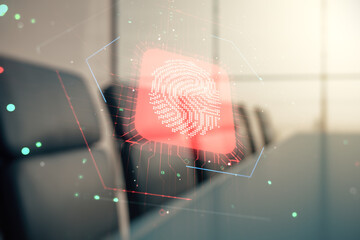 Poster - Double exposure of virtual creative fingerprint hologram on a modern meeting room background, research and development concept