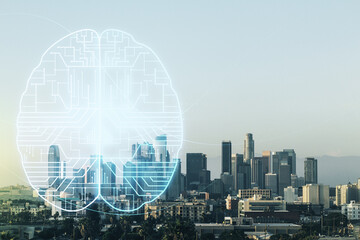 Poster - Virtual creative artificial Intelligence hologram with human brain sketch on Los Angeles cityscape background. Double exposure