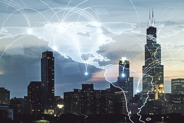 Wall Mural - Double exposure of abstract digital world map hologram with connections on Chicago office buildings background, big data and blockchain concept