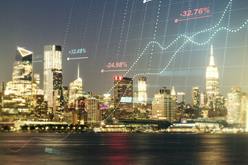 Poster - Abstract virtual stats data hologram on New York city skyline background. Multiexposure