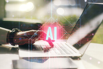 Poster - Creative artificial Intelligence symbol concept with hands typing on computer keyboard on background. Double exposure