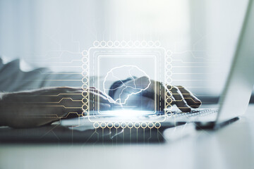 Poster - Creative artificial Intelligence concept with human brain sketch and hands typing on computer keyboard on background. Double exposure