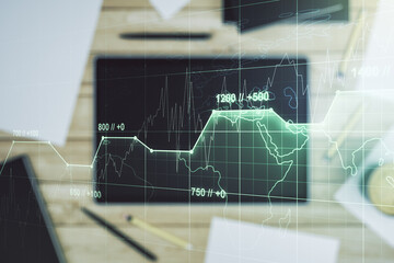 Poster - Multi exposure of creative statistics data hologram and digital tablet on background, top view, stats and analytics concept