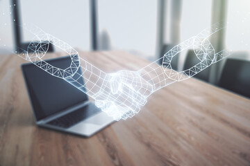 Poster - Double exposure of blockchain technology with handshake hologram on laptop background. Research and development decentralization software concept