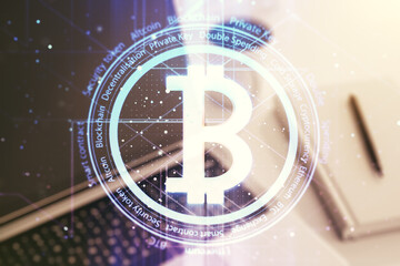 Poster - Creative Bitcoin concept with modern computer background. Double exposure