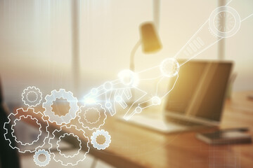 Aufkleber - Creative abstract robotics technology sketch on modern laptop background, future technology and AI concept. Double exposure