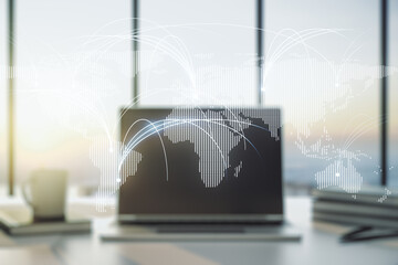 Poster - Double exposure of abstract digital world map with connections on laptop background, research and strategy concept