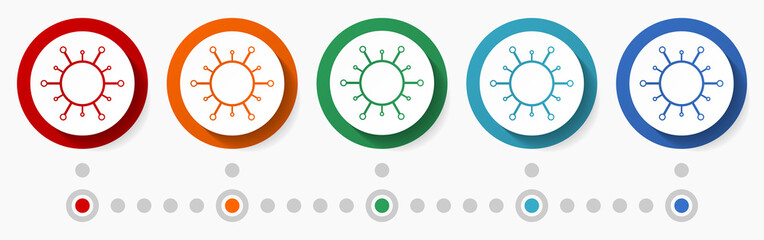 Aufkleber - Coronavirus delta, flu concept vector icon set, infographic template, flat design colorful web buttons in 5 color options