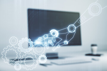 Aufkleber - Double exposure of robotics technology hologram on laptop background. Research and development software concept