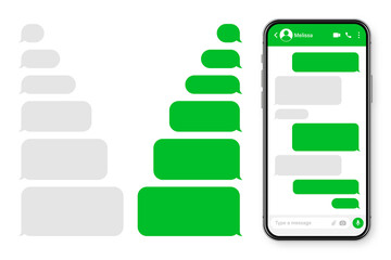 Realistic smartphone with messaging app. Blank SMS text frame. Conversation chat screen with green message bubbles. Social media application. Vector illustration.