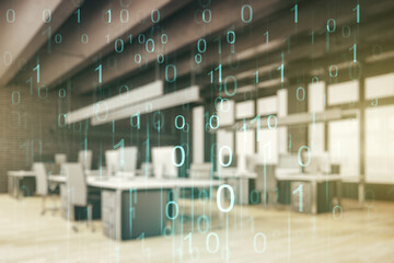 Aufkleber - Abstract virtual binary code hologram on a modern furnished classroom background, AI and machine learning concept. Multiexposure