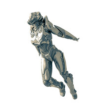 Alien Female Soldier Is Flying Up In White Background