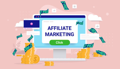 Fototapete - Affiliate marketing income - Desktop computer with money and web elements. Earn money online concept. Vector illustration