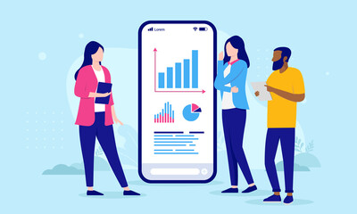Fototapete - People and analytic charts looking at graphs on phone. Corporate vector illustration with businesspeople in casual clothing