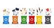 Waste segregation. Sorting garbage by material and type in colored trash cans. Waste utilization and ecology save concept.