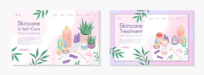 Web page templates for skin care treatment,beauty routine tutorial,spa,wellness,natural products,cosmetics,self care.Vector illustrations concept for website,mobile website.Landing page layouts.
