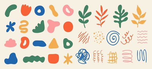 Wall Mural - Set of various abstract shapes, doodles and plants. Hand drawn doodles. Modern contemporary fashion illustration. Flat design, hand drawn cartoon, vector.