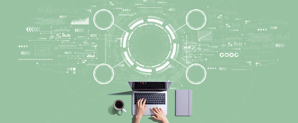 Wall Mural - Tech circle with person working with a laptop