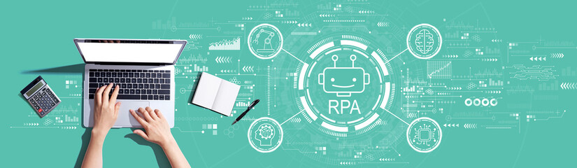 Robotic Process Automation RPA theme with person using a laptop computer