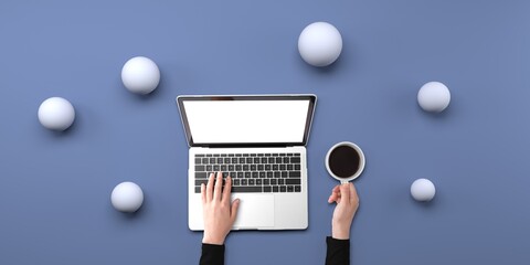 Poster - Person using a laptop computer with abstract spheres from above