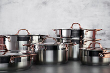 Stainless Steel Kitchen Cookware On Non Isolated Background