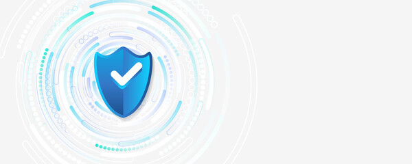 Poster - Confidential data protection. Cybersecurity or information privacy idea. Shield on the circle's gray background. Internet security technology concept for business.