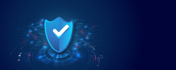 Poster - Cyber security and data protection. Shield icon, future technology for verification. Abstract high tech background. Data security system, information, or network protection.
