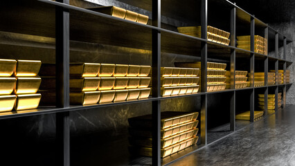 Bank vault with gold and cash. 3d rendering