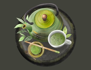 Wall Mural - Matcha Tea. Kettle and Matcha drink, green powder, spoon, bowl of Traditional japanese beverage, Matcha tea lettering. Flat illustration for poster, logo for cafe, tea shops