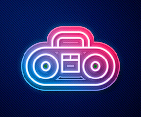 Sticker - Glowing neon line Home stereo with two speakers icon isolated on blue background. Music system. Vector