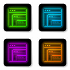 Glowing neon line Software, web developer programming code icon isolated on white background. Javascript computer script random parts of program code. Black square button. Vector