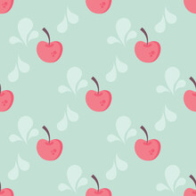 Seamless Repeat Pattern Of Red Juicy Cherries On Mint Background Vector Illustration