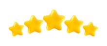 Vector Icons Of Five Yellow Stars Glossy Colors. Achievements For Games Or Customer Rating Feedback Of Website.
