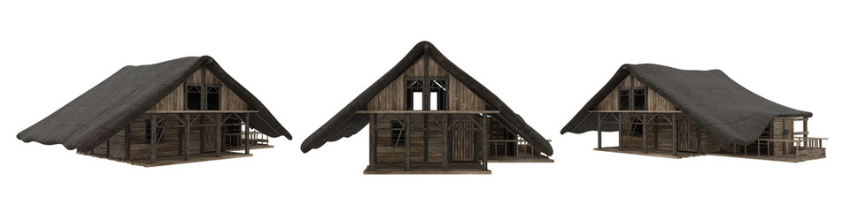 Poster - Medieval wooden house with thatched roof. 3 angles 3D illustration isolated on whte background with clipping path.