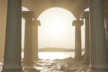 3d Rendering Of Ancient Temple Ruins With Ionic Columns Covered From Sand
