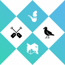 Set Paddle, Pirate Treasure Map, Smoking Pipe And Bird Seagull Icon. Vector