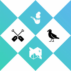 Poster - Set Paddle, Pirate treasure map, Smoking pipe and Bird seagull icon. Vector