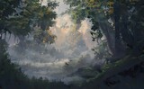 Fototapeta Na ścianę - a painting of a misty forest with trees