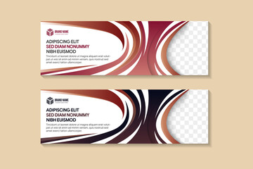 Poster - Set of abstract geometric banner template. Horizontal layout combined with brown, pink and dark blue. Space for photo collage and text. White background with curve style.
